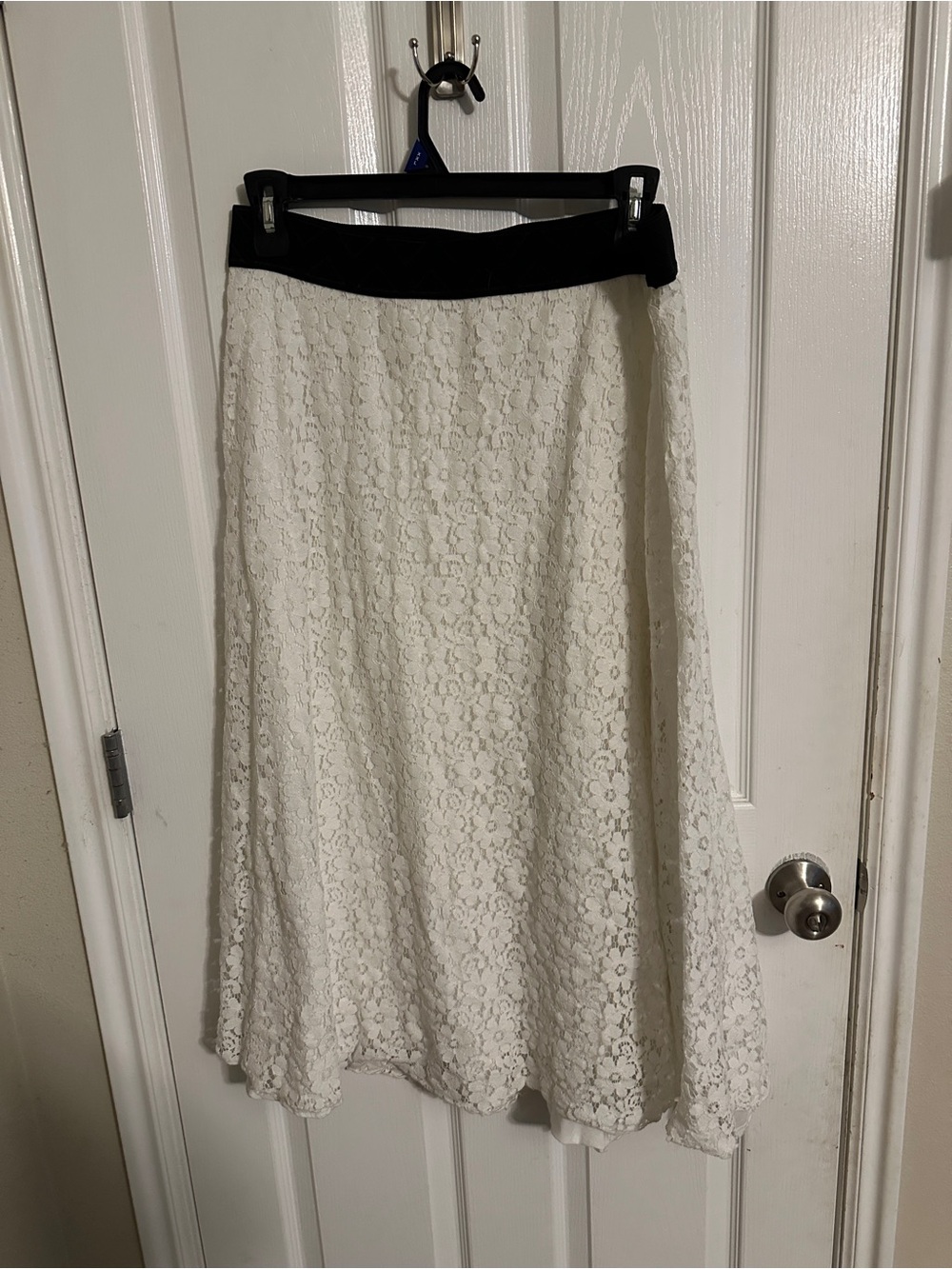 LuLaRoe White Lace A-Line Skirt with Black Waistband